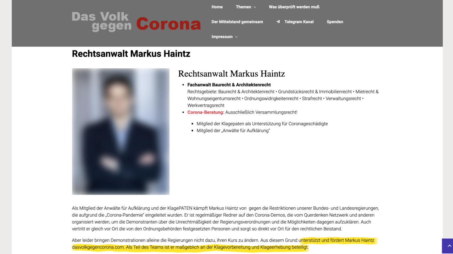 Mittlerweile gelöschte Unterseite zu Markus Haintz auf der Website von Das Volk gegen Corona