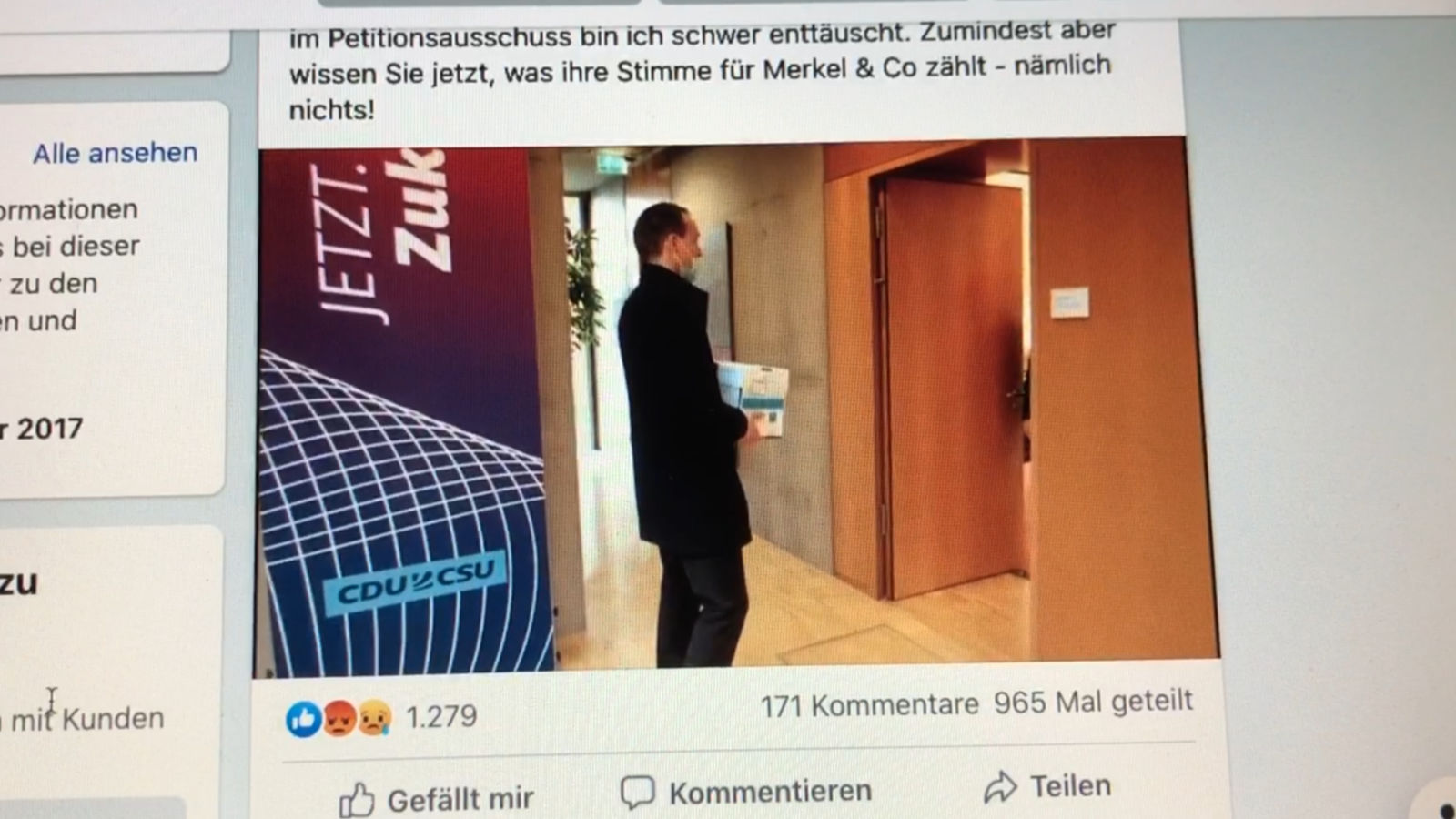 Huber hat das Video gelöscht, das ihn vor den Büros von Abgeordneten anderer Fraktionen zeigt.